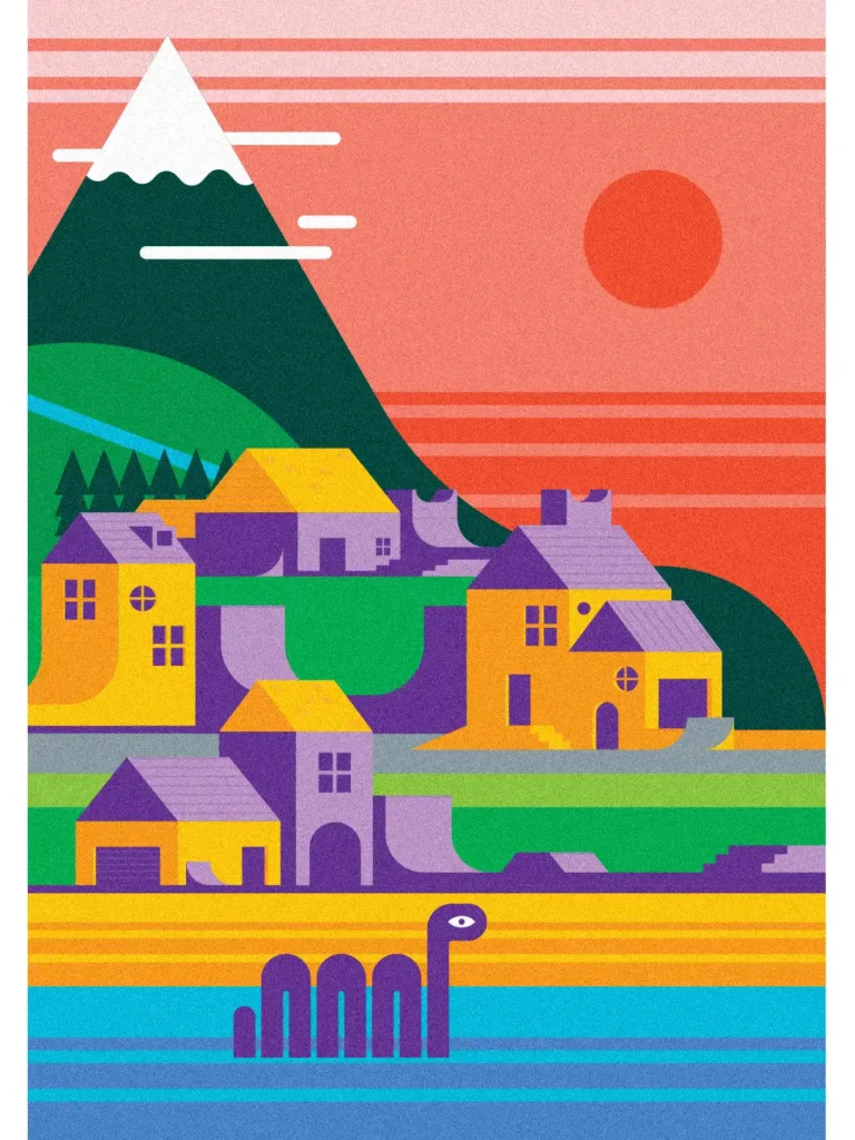 Skate Graphic: Art print depicting a skater’s dream island paradise with ramps, mountains, and surf-ready seas