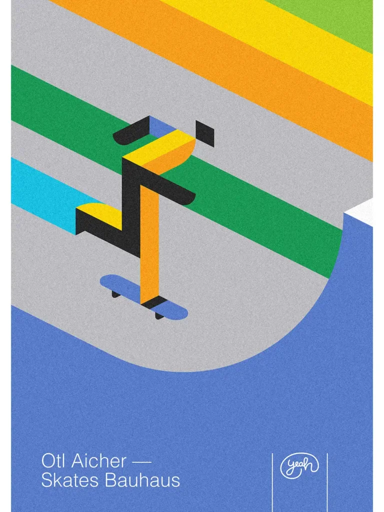 Skate Graphic: Geometric Bauhaus-style skateboarding illustration poster featuring a skater pushing on a skateboard