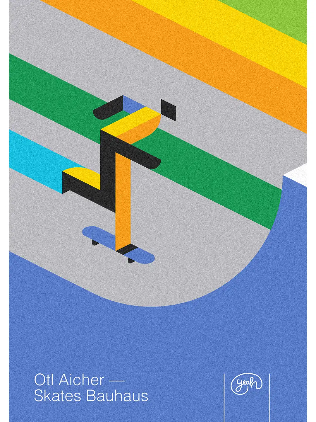 Geometric Bauhaus-style skateboarding illustration poster featuring a skater pushing on a skateboard