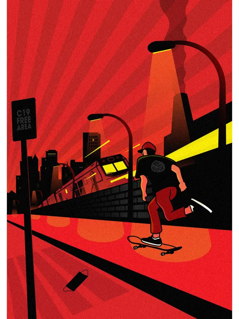 Skate Graphic: Poster showing a figure entering a COVID-free city, inspired by Russian avant-garde, symbolizing the end of isolation for skateboarders