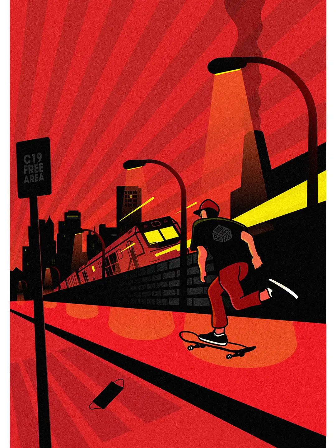 Poster showing a figure entering a COVID-free city, inspired by Russian avant-garde, symbolizing the end of isolation for skateboarders