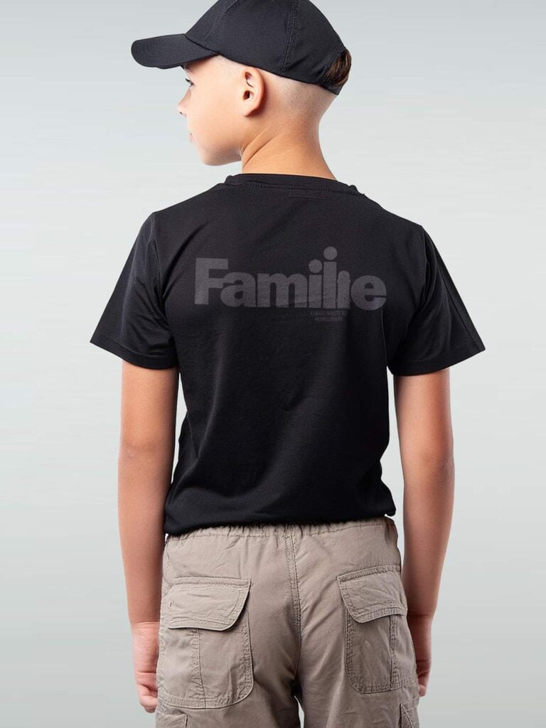 Black T-shirt design featuring 'Familie' in bold Helvetica, with the last 'I' designed as a skateboard. Inspired by classic graphic design. Unique Skate Shirts.