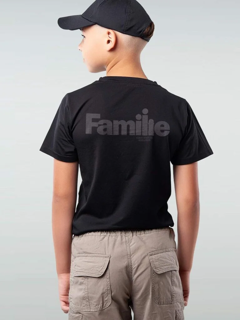 Black home-printed skate T-shirt with the word Familie in bold Helvetica inspired by Herb Lubalin