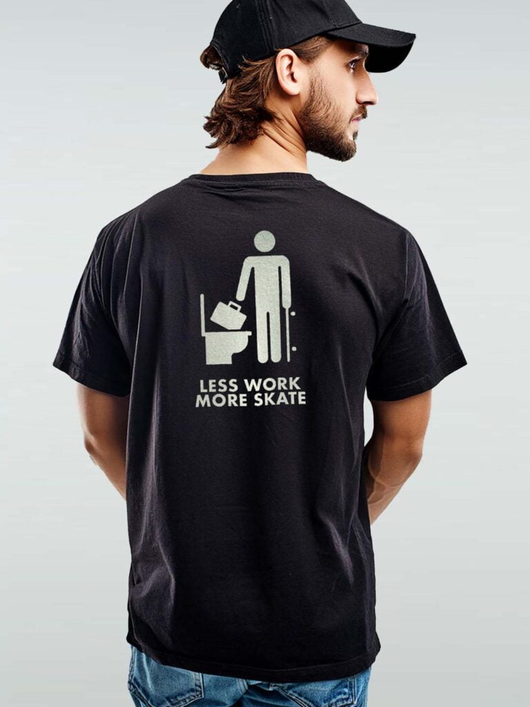 Black T-Shirt with an international icon of a man tossing a briefcase into the trash and 'Less Work More Skate' in bold uppercase letters. Unique Skate Shirts