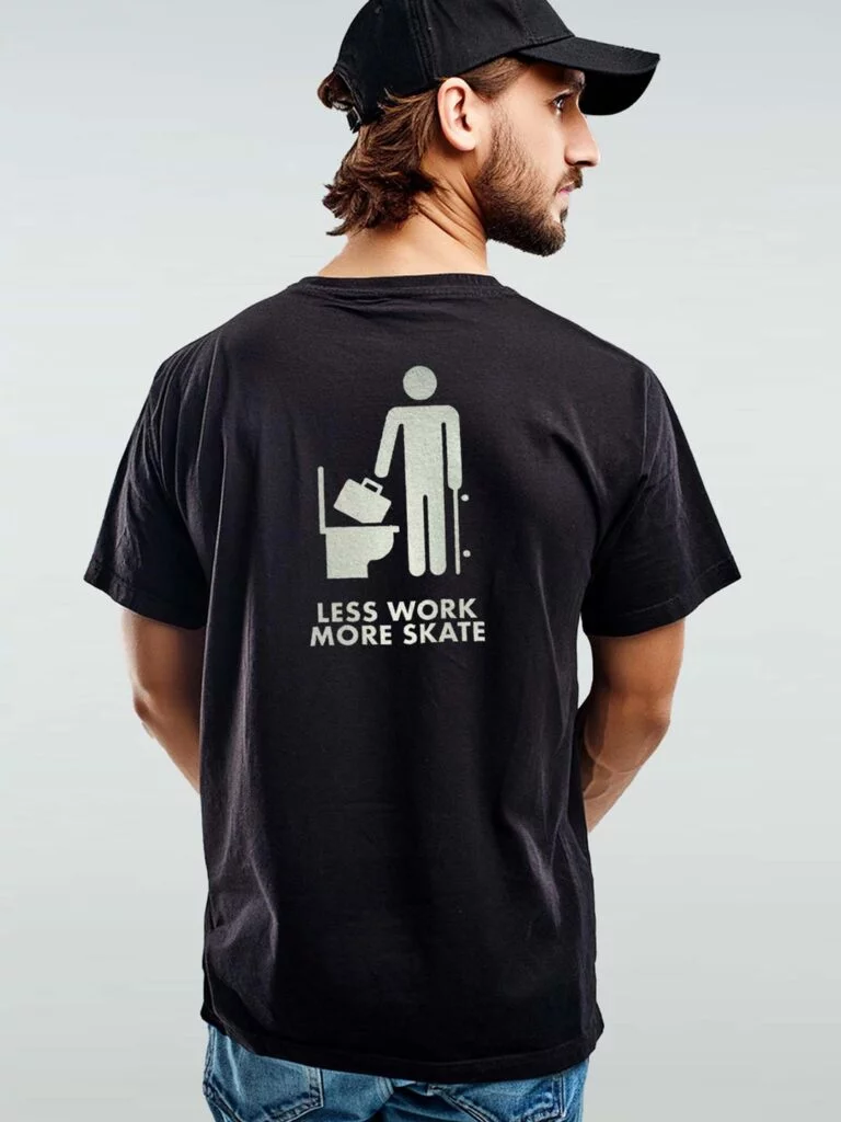 Black home-printed skate T-shirt with icon of a skater throwing a briefcase into a bin and the text Less Work More Skate