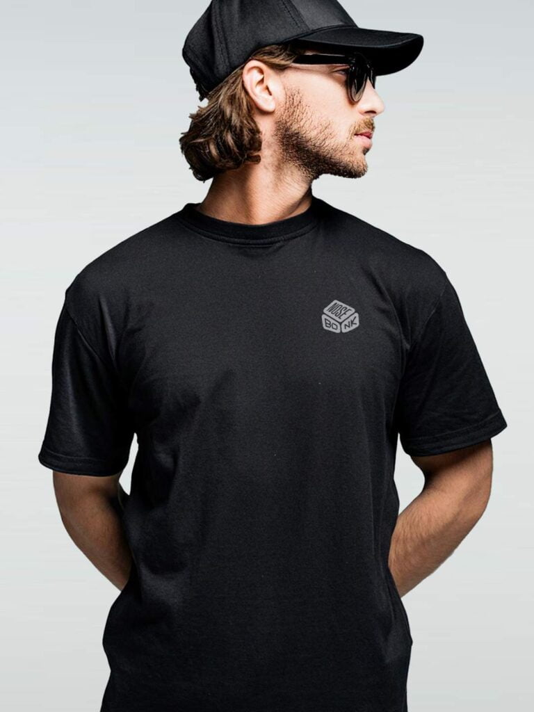 Black T-Shirt showcasing the Nosebonk logo prominently on the chest. Unique Skate Logo Shirts.