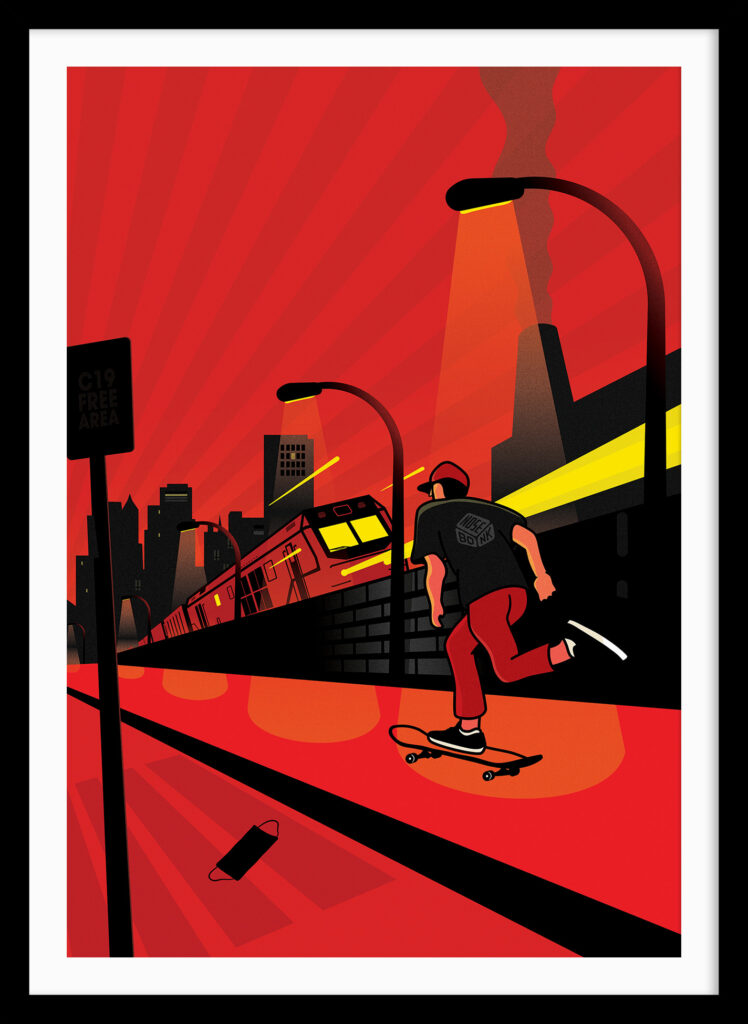 Poster showing a figure entering a COVID-free city, inspired by Russian avant-garde, symbolizing the end of isolation for skateboarders