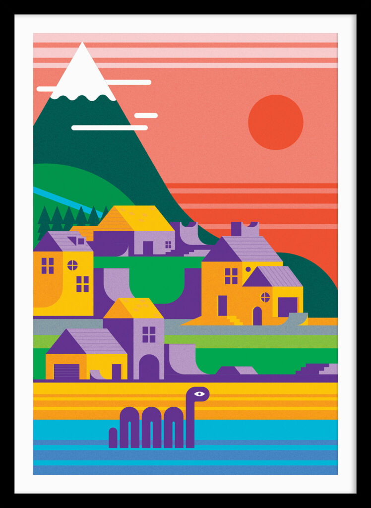 Art print depicting a skater’s dream island paradise with ramps, mountains, and surf-ready seas