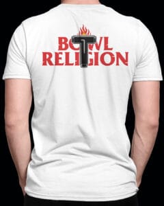 Bowl Religion Skate Tee white version mockup worn by skater