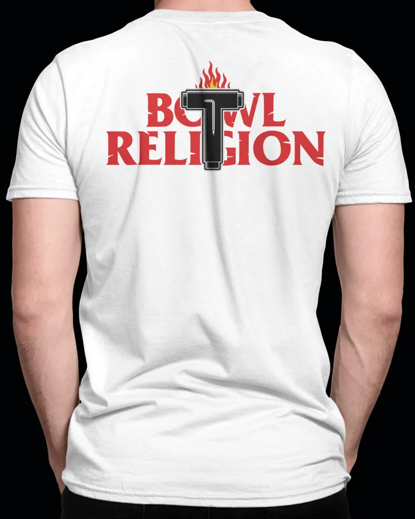 Bowl_Religion_Tshirt_04_Nosebonk_Skateboarding Bowl Religion Skate Tee white version mockup worn by skater