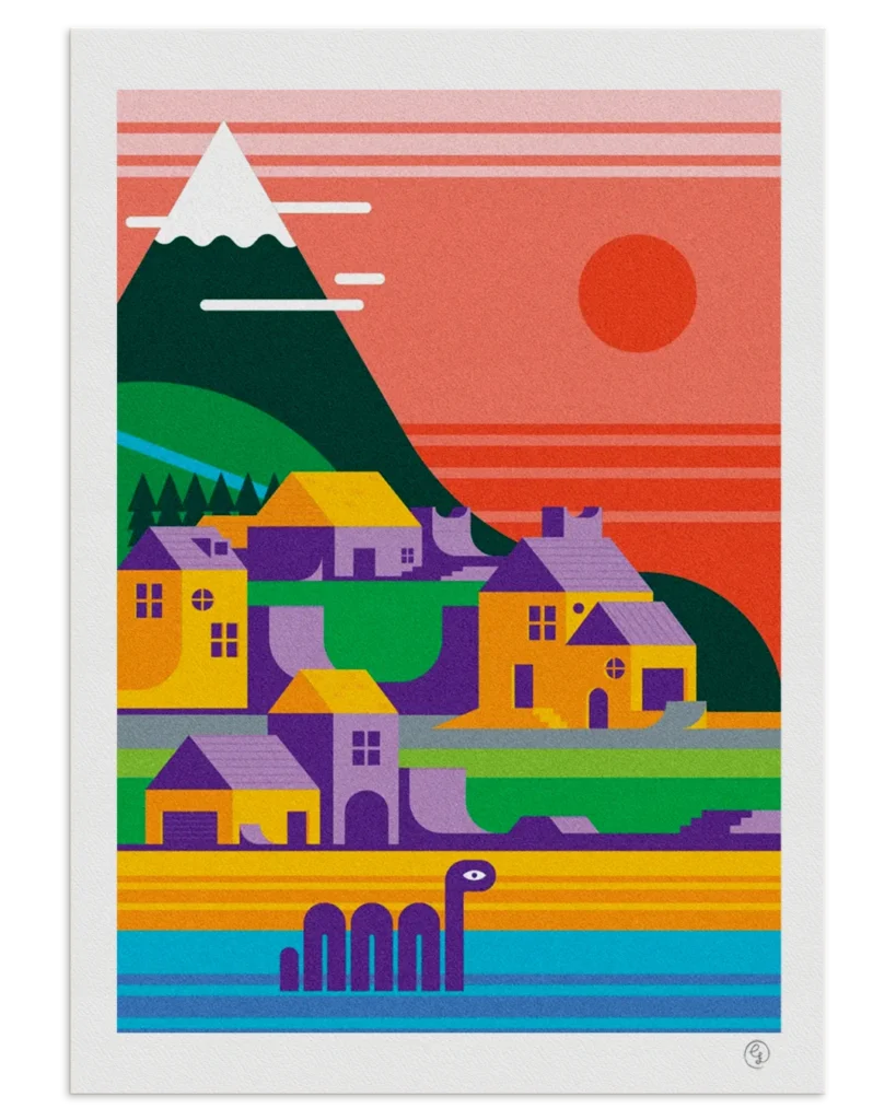 Mockup_by_nosebonk_A3-1080x1920_croped copy Skate art print of a colorful island paradise with ramps, houses, mountains and a sea creature – by Nosebonk