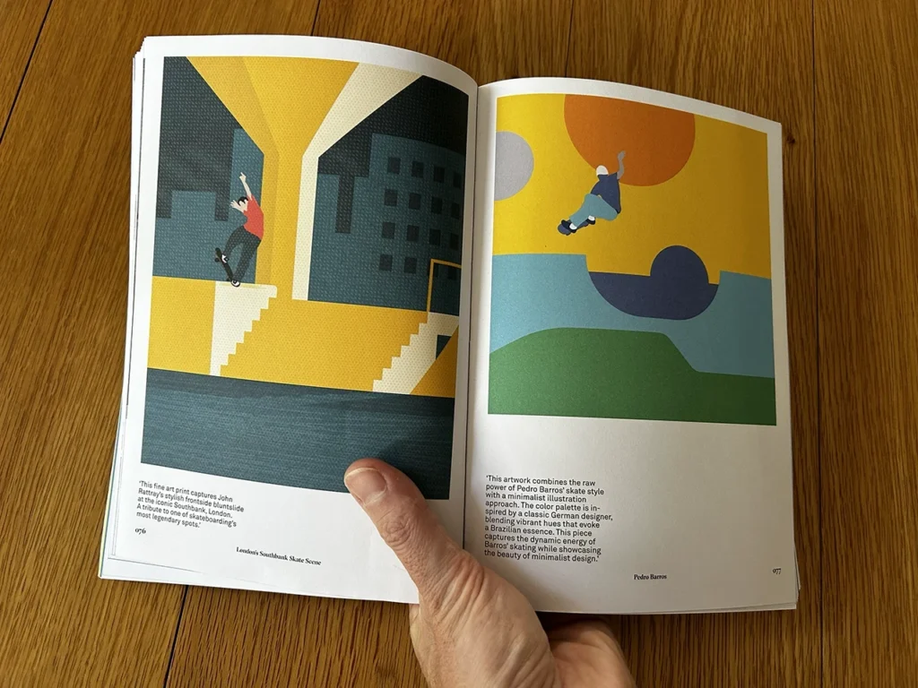 Skate & Art book open to a double page featuring Erik Ziegler’s skate art prints: one inspired by John Rattray at Southbank, the other by Pedro Barros' raw style.