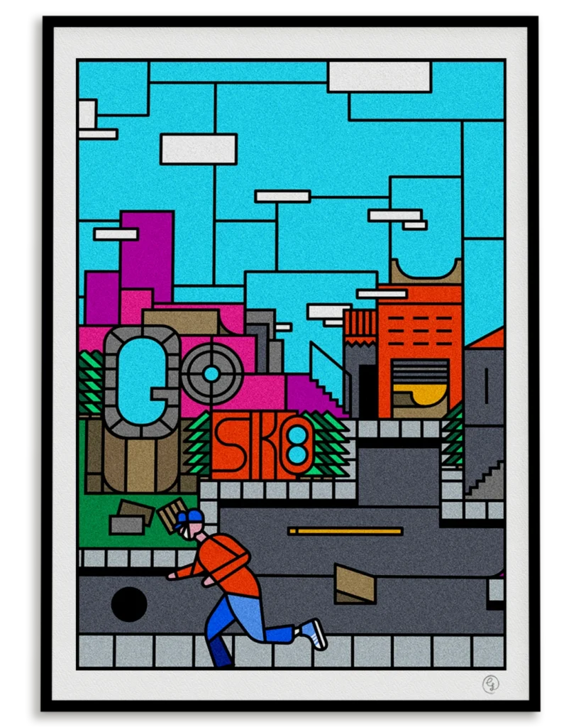 skate-art-print-go-sk8-urban-block-style-nosebonk Skateboarding art print by Nosebonk – urban block-style illustration with the phrase “GO SK8” and a skater pushing through a colorful city landscape. Poster designed for Skateboarding Day.