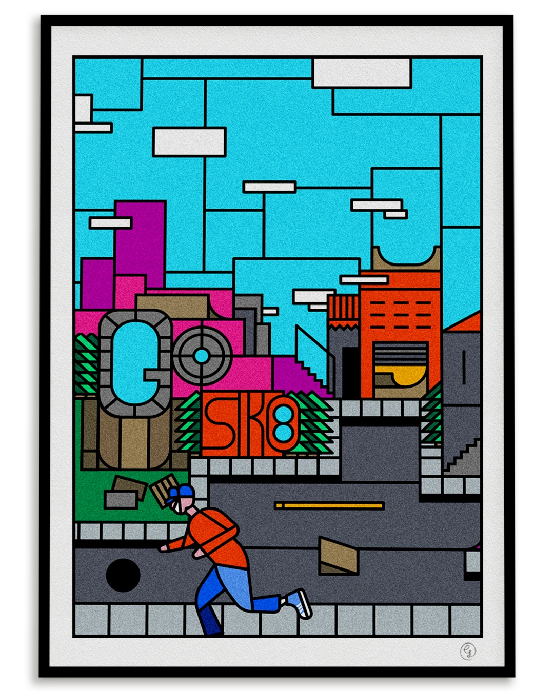 Póster de arte skate con una ciudad geométrica y colorida que celebra el acto de dar pata — homenaje a la energía y libertad del Go Skateboarding Day, creado por Nosebonk.