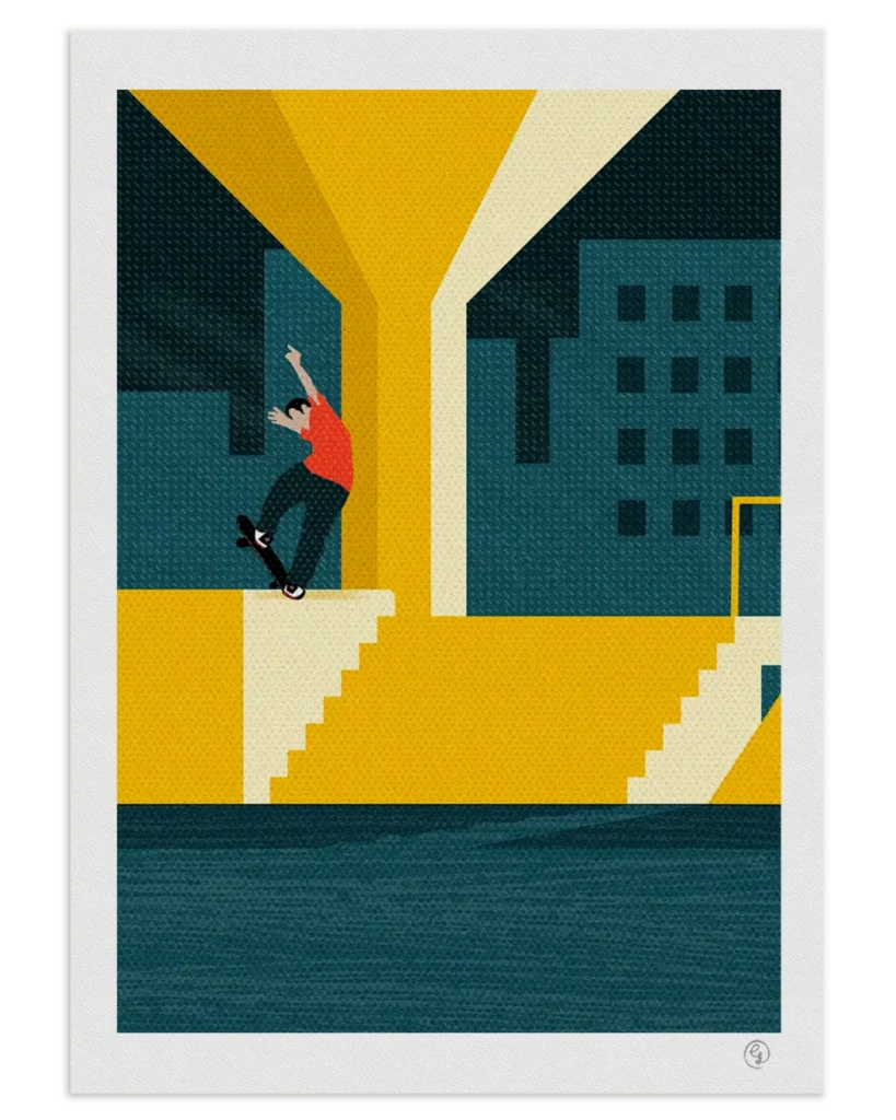 Skate art print of John Rattray doing a frontside bluntslide at Southbank, London – illustrated by Nosebonk