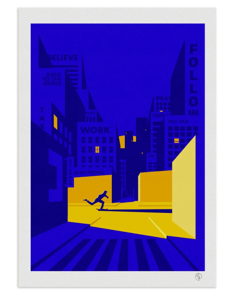 skate-art-print-night-push-escape-nosebonk Skate art print showing a skater pushing through a dystopian cityscape – breaking free from control, by Nosebonk