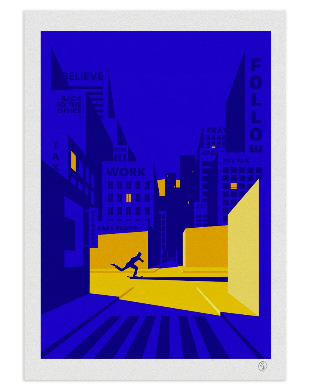 skate-art-print-night-push-escape-nosebonk Skate print showing a skater pushing through a dystopian cityscape – breaking free from control, by Nosebonk