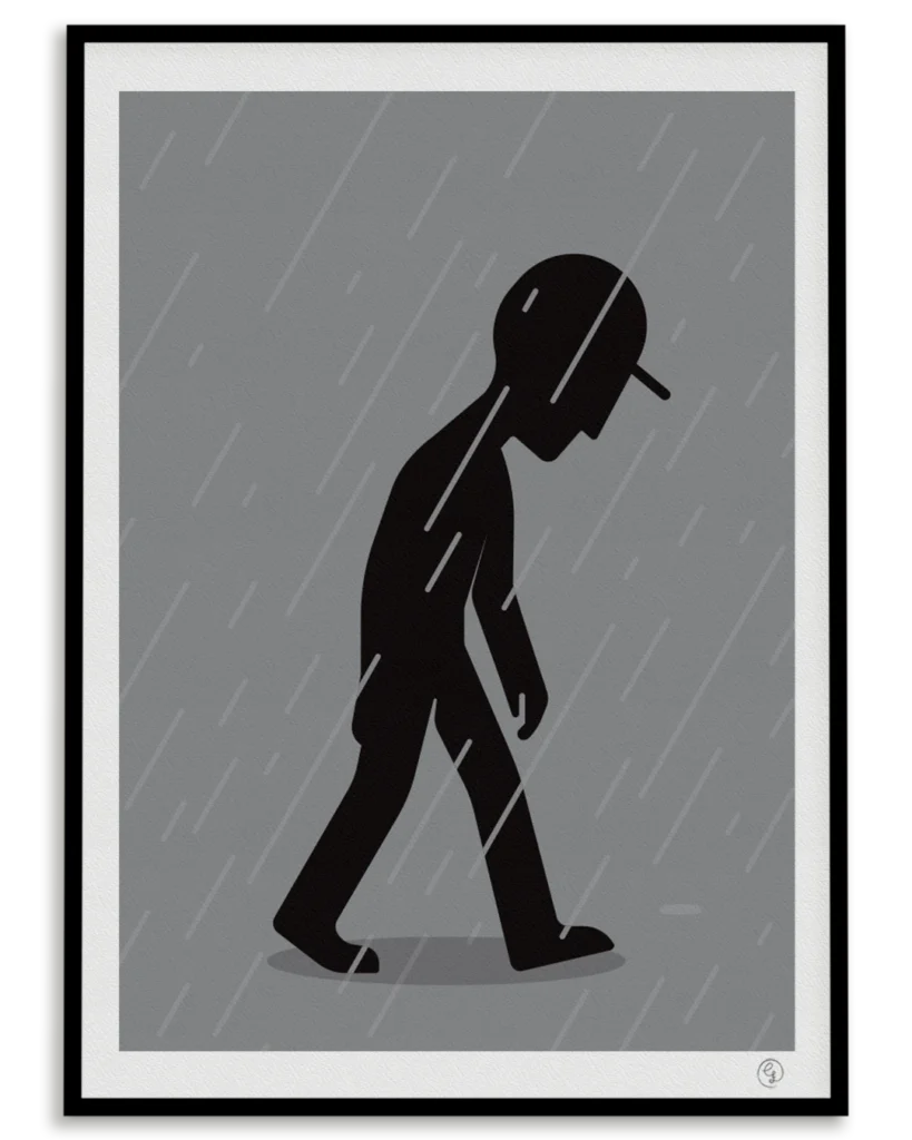 linoprint-no-skate-no-escape-nosebonk Linocut print of a sad skater walking in the rain, head down, wearing a cap – expression of skateboarding as emotional escape by Nosebonk