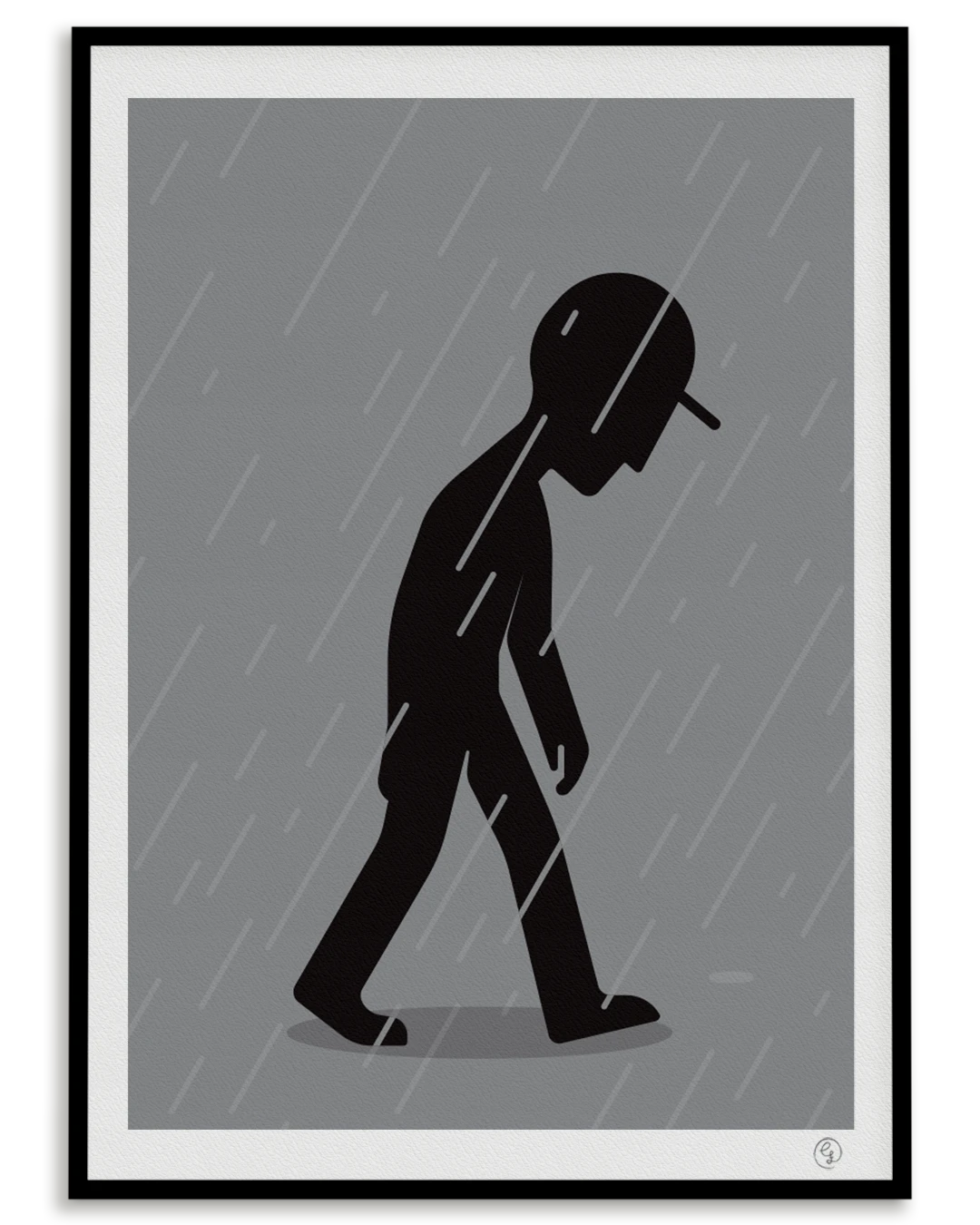 linoprint-no-skate-no-escape-nosebonk Linocut print of a sad skater walking in the rain, head down, wearing a cap – expression of skateboarding as emotional escape by Nosebonk