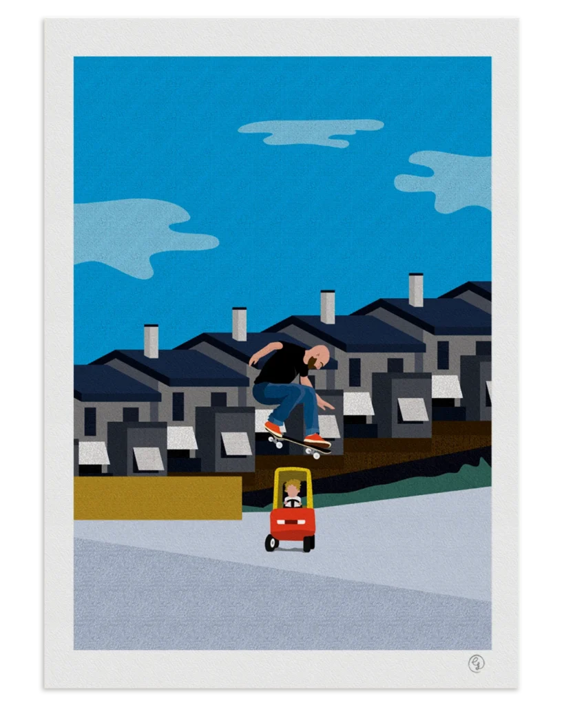 skate-art-print-sean-sheffey-tribute-nosebonk Skate art print tribute to Sean Sheffey – a skater jumping over a toy car with a child inside, recreated by Nosebonk