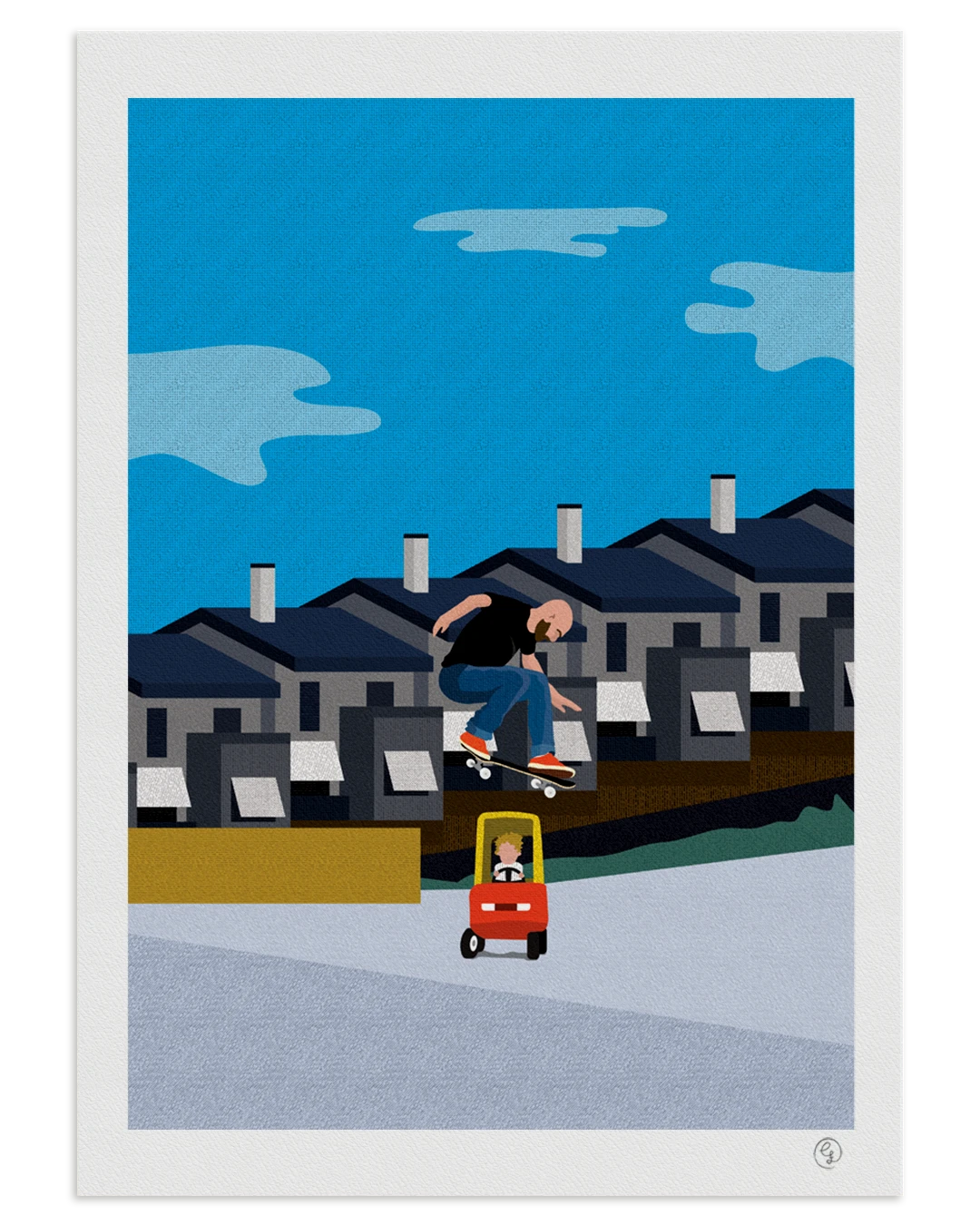 skate-art-print-sean-sheffey-tribute-nosebonk Skate poster tribute to Sean Sheffey – a skater jumping over a toy car with a child inside, recreated by Nosebonk