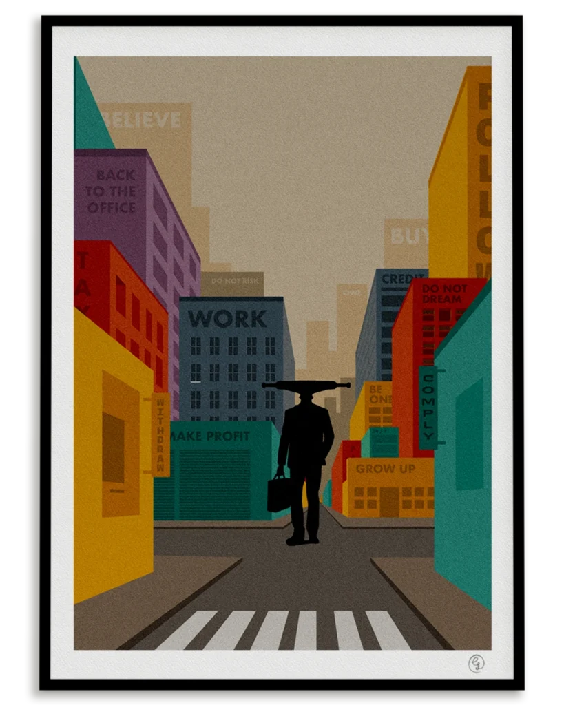 skate-art-skateholder-day Skateboarder art print showing a businessman with a skateboard head walking through a corporate city filled with control messages – by Nosebonk