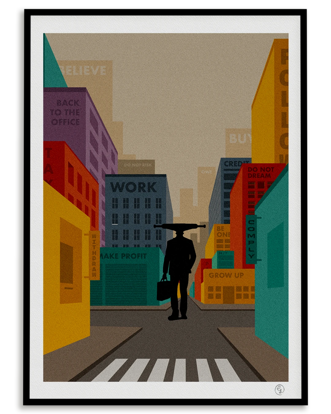 Skate art print showing a businessman with a skateboard head walking through a corporate city filled with control messages – by Nosebonk