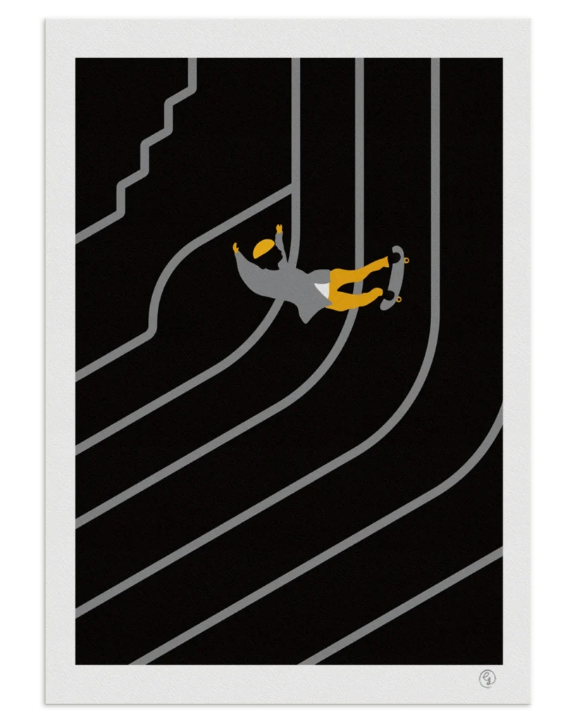 skate-print-go-skate-flow Skater art print in black and grey showing a beanie-wearing skater in motion across abstract flowing lines – a play on positive and negative space by Nosebonk