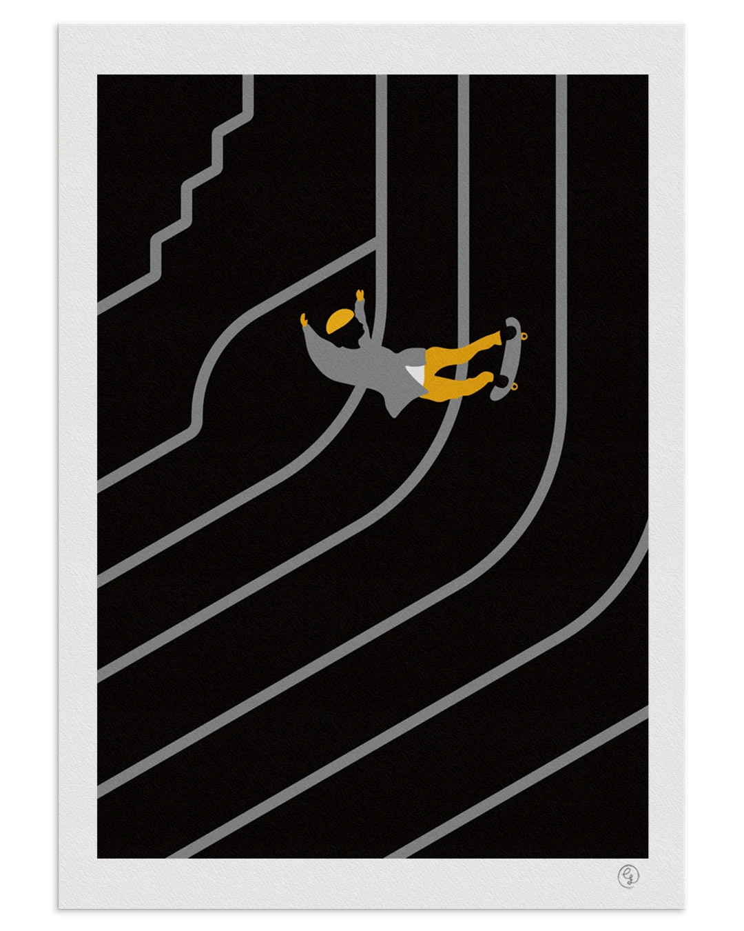 skate-print-go-skate-flow Skate art print in black and grey showing a beanie-wearing skater in motion across abstract flowing lines – a play on positive and negative space by Nosebonk