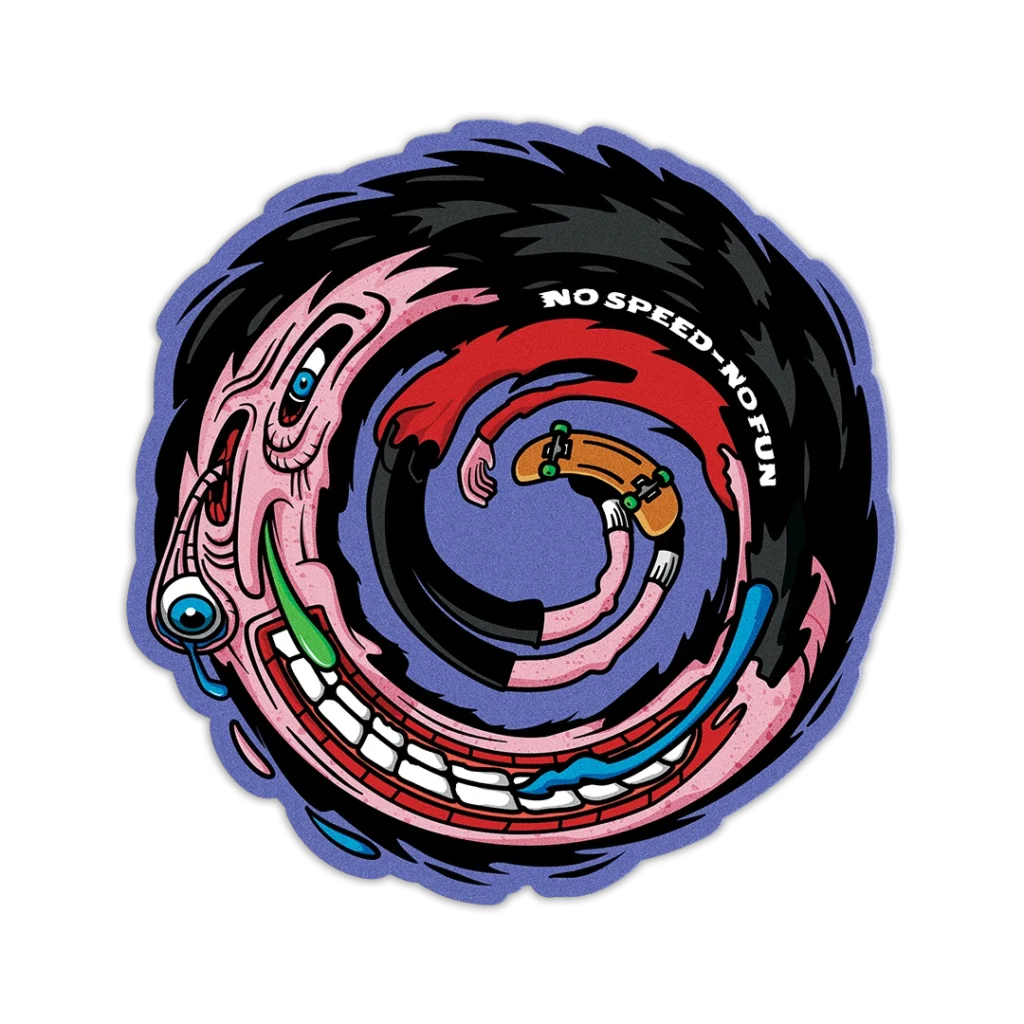 skate-sticker-no-speed-no-fun-nosebonk Skateboarding sticker illustration – a distorted cartoon face screaming with a skater in the center and the phrase "No Speed No Fun"