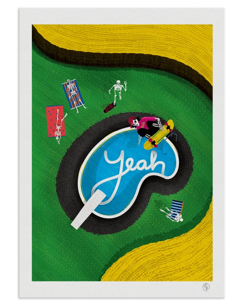 skatehalla-skeleton-pool-skate-poster-nosebonk Bowl riders art print – skeletons skating a pool shaped like “Yeah”, welcoming you to a vibrant and eternal skatehalla.