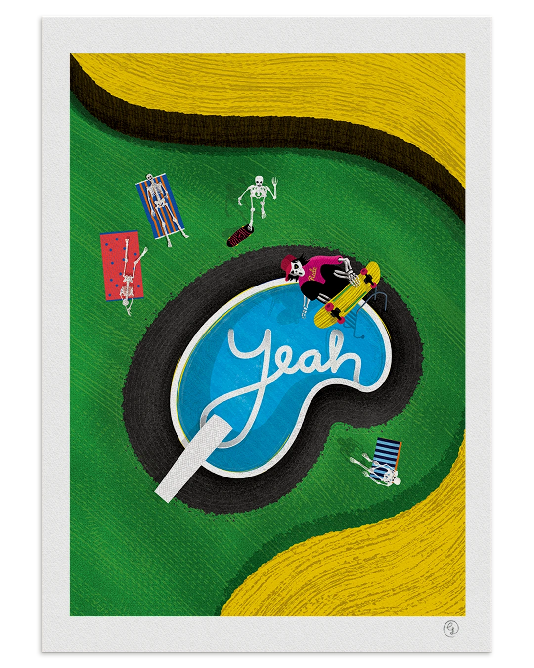 skatehalla-skeleton-pool-skate-poster-nosebonk Skate art print – skeletons skating a pool shaped like “Yeah”, welcoming you to a vibrant and eternal skatehalla.