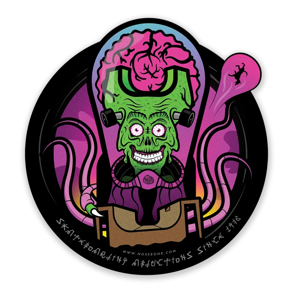 sticker-skateboarding-abductions-since-1978-nosebonk Alien skater sticker by Nosebonk – a Mars Attacks inspired design where aliens abduct ramps instead of humans, halfpipe-shaped heads