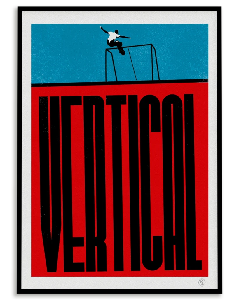 vertical-skate-poster-front-smith-tom-schaar-nosebonk Halpf Pipe art print – stylized frontside smith on football goalpost, tribute to vertical skateboarding and Tom Schaar.