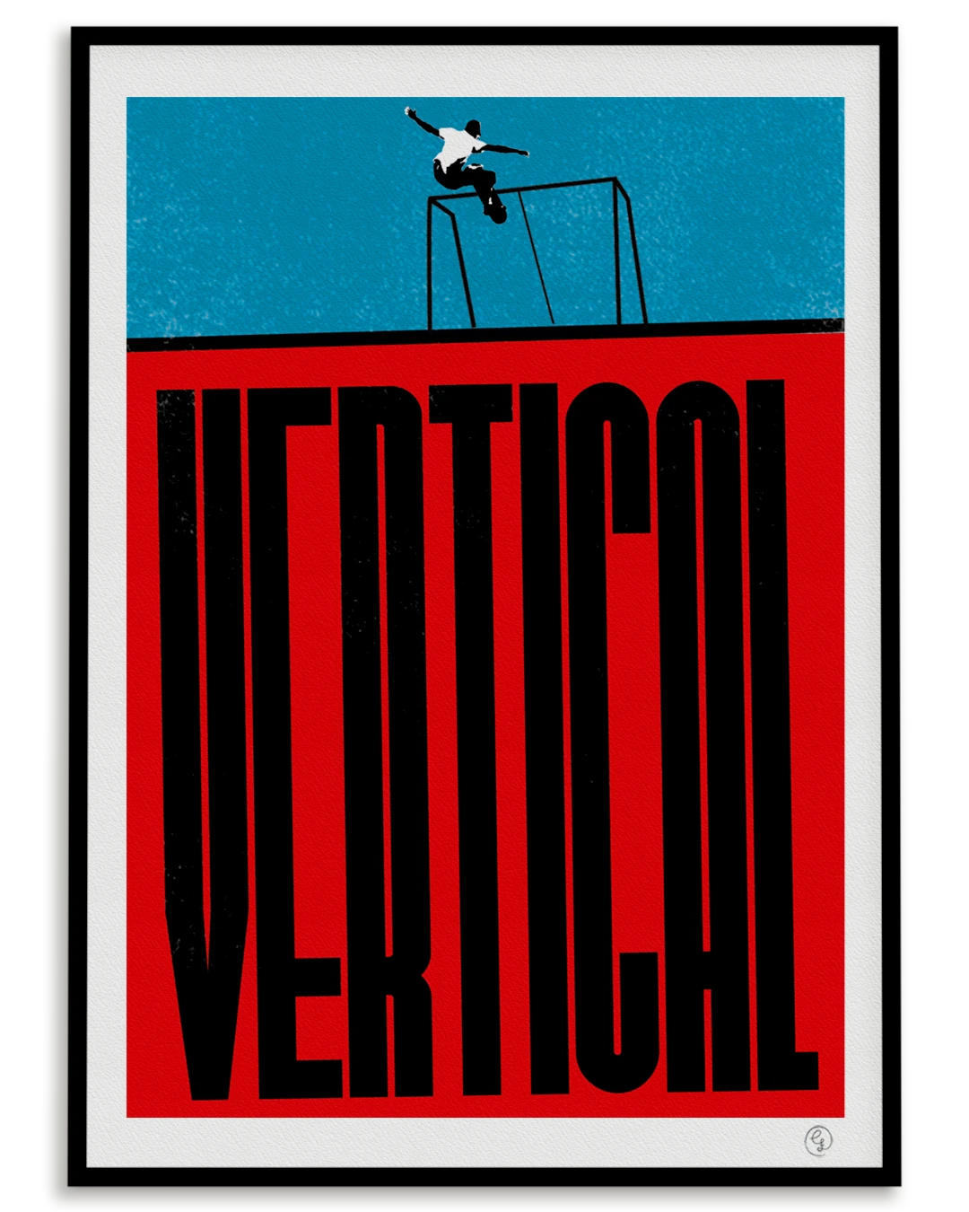 vertical-skate-poster-front-smith-tom-schaar-nosebonk Skate tribute poster – stylized frontside smith on football goalpost, tribute to vertical skateboarding and Tom Schaar.