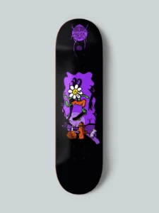 Daisy flower character skateboarding in a dark forest – original Nosebonk skateboard deck design with surreal monsters and bold colors.
