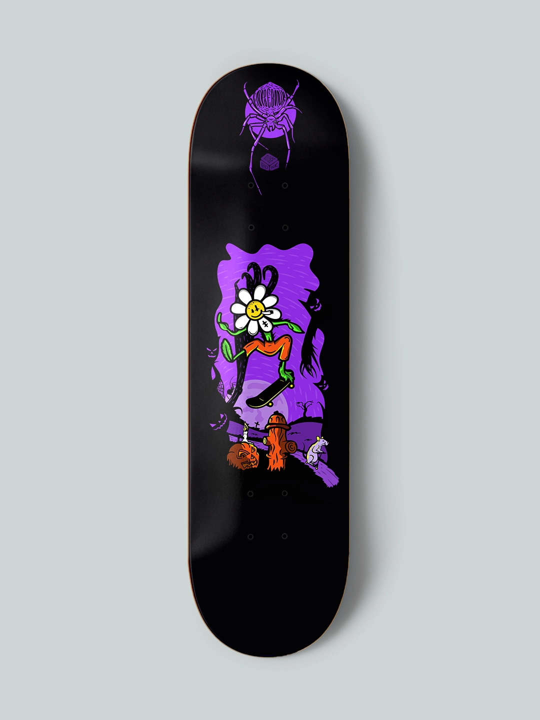 Daisy flower character skateboarding in a dark forest – original Nosebonk skateboard deck design with surreal monsters and bold colors.