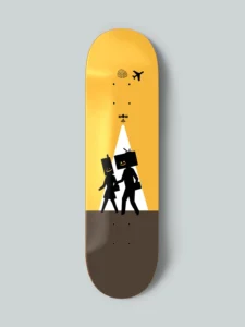 Social Life skateboard deck by Nosebonk – retro-styled skate graphic of a couple with digital object heads under a surveillance beam, critiquing modern life.