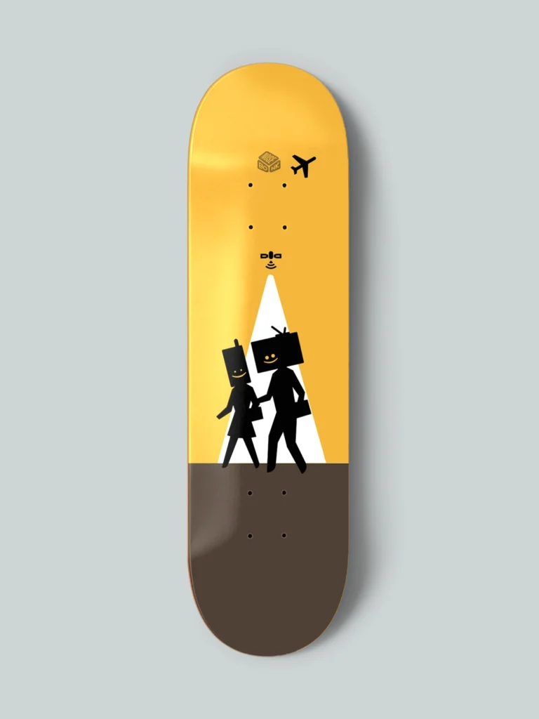 skateboard-deck-design-social-life-retro-control-series-nosebonk Social Life skateboard deck by Nosebonk – retro-styled skate graphic of a couple with digital object heads under a surveillance beam, critiquing modern life.