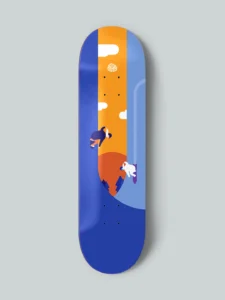 Skateboard deck design titled “Sunset Skate Session” by Nosebonk – a stylized halfpipe scene with a skater and a white yeti riding at sunset