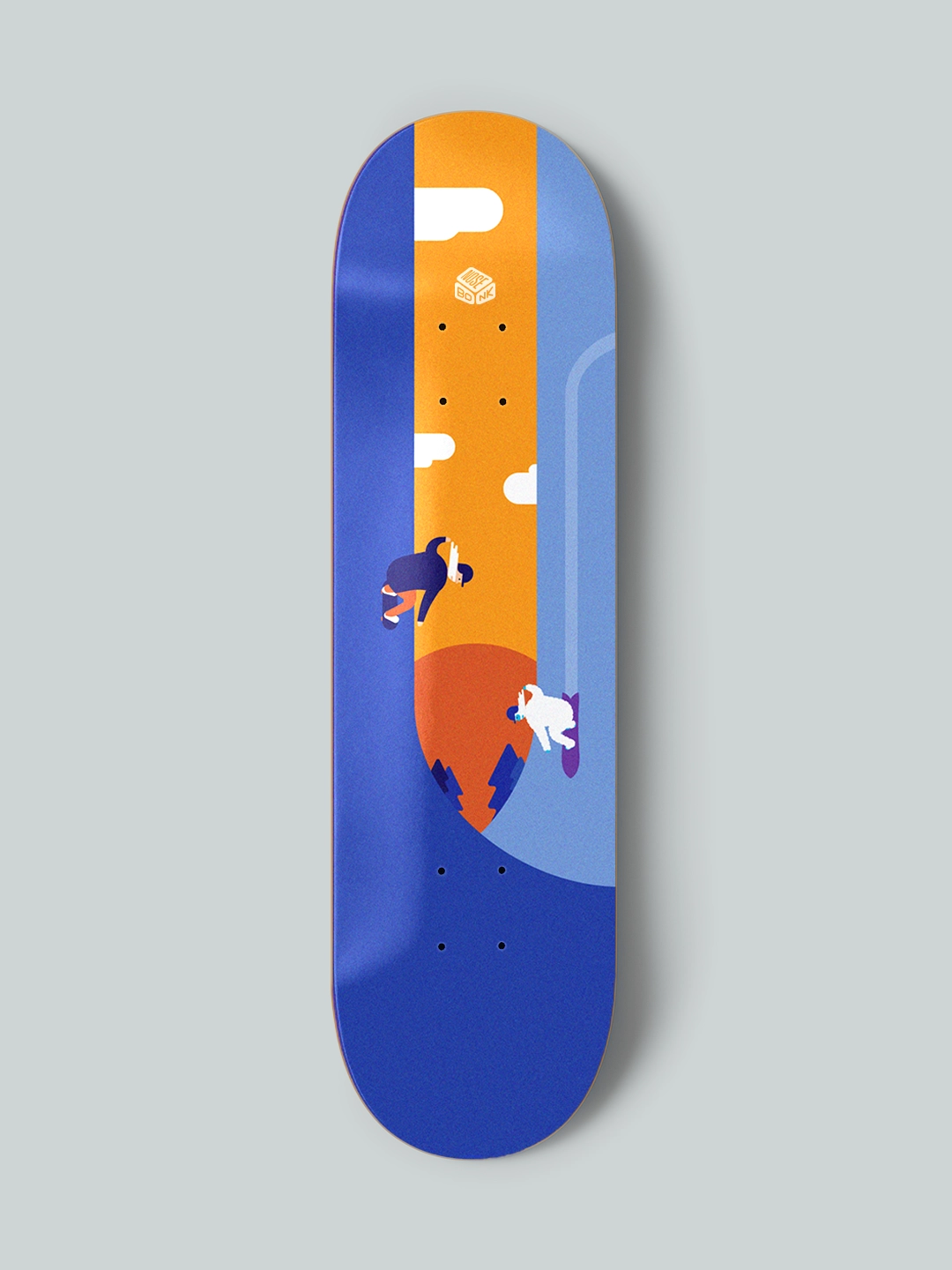 Skate deck design titled “Sunset Skate Session” by Nosebonk – a stylized halfpipe scene with a skater and a white yeti riding at sunset