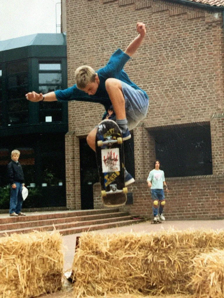Erik founder of the independent skate art project Nosebonk. Jump ramp ollie early 90s in germany