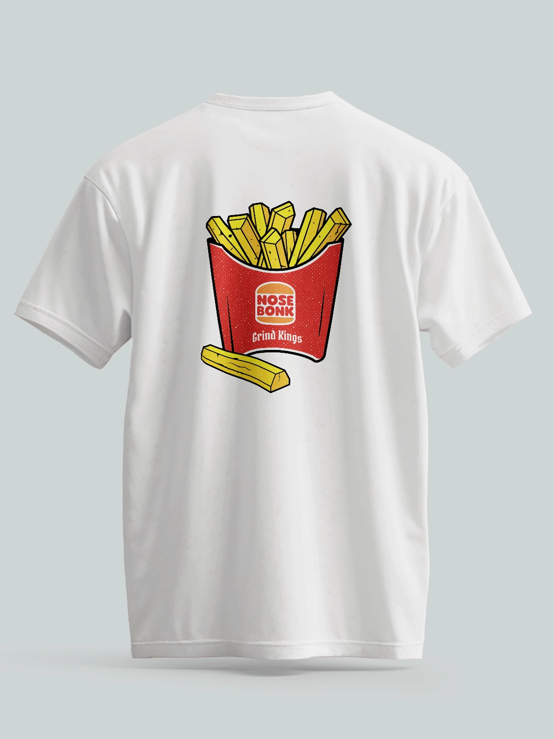 Skate t-shirt worn by a model, back view showing the Grind Kings graphic inspired by skate curbs