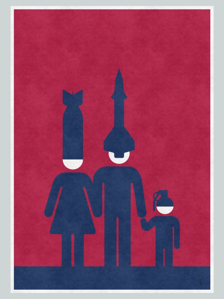 Political art poster showing a family wearing missile-shaped helmets — visual commentary on war, propaganda and silent consent