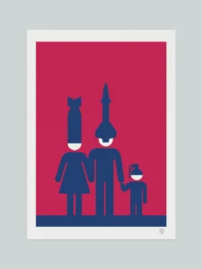 Political art poster showing a family wearing missile-shaped helmets — visual commentary on war, propaganda and silent consent