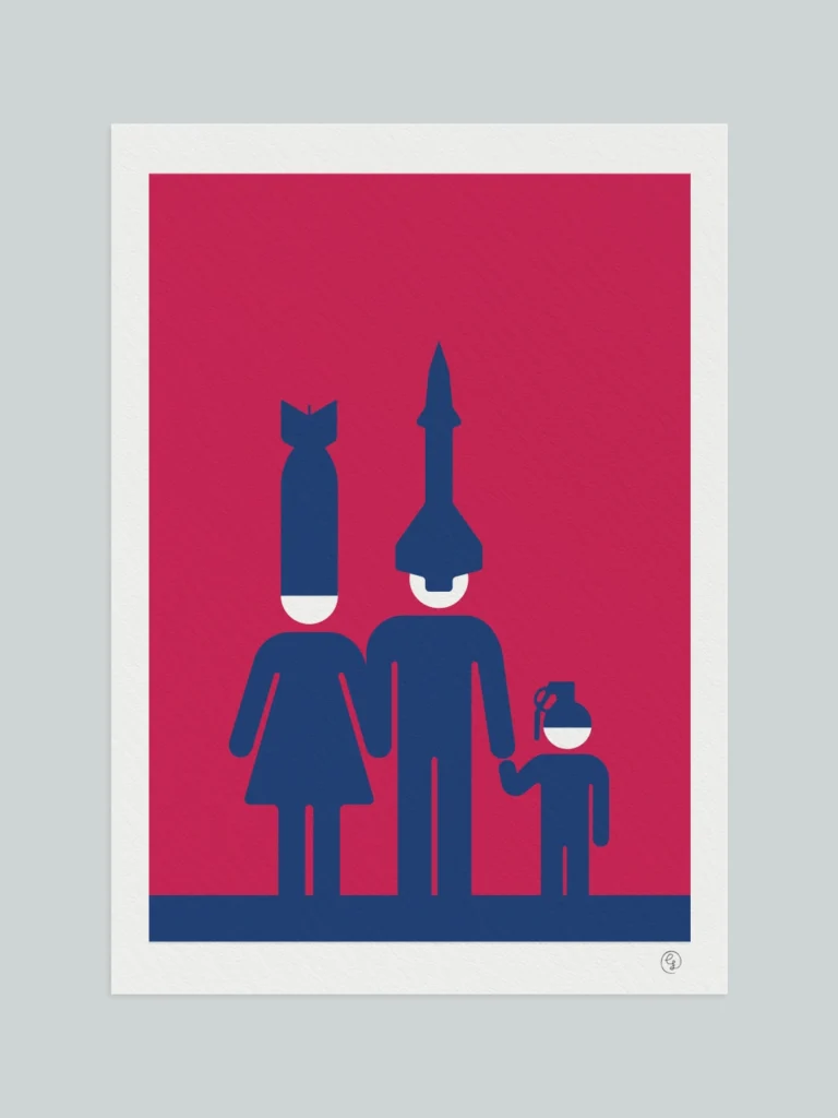 Political art poster showing a family wearing missile-shaped helmets — visual commentary on war, propaganda and silent consent