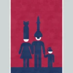 Political art poster showing a family wearing missile-shaped helmets — visual commentary on war, propaganda and silent consent