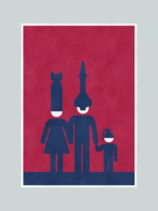 Political art poster showing a family wearing missile-shaped helmets — visual commentary on war, propaganda and silent consent