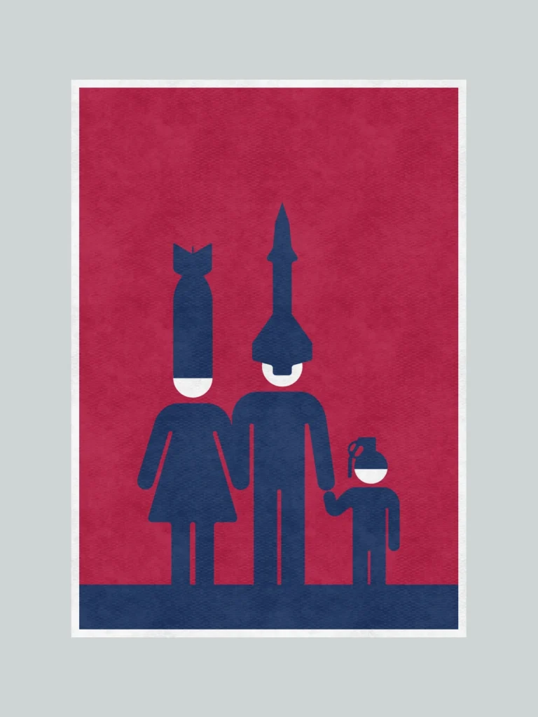 Political art poster showing a family wearing missile-shaped helmets — visual commentary on war, propaganda and silent consent