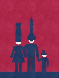 Political art poster showing a family wearing missile-shaped helmets — visual commentary on war, propaganda and silent consent